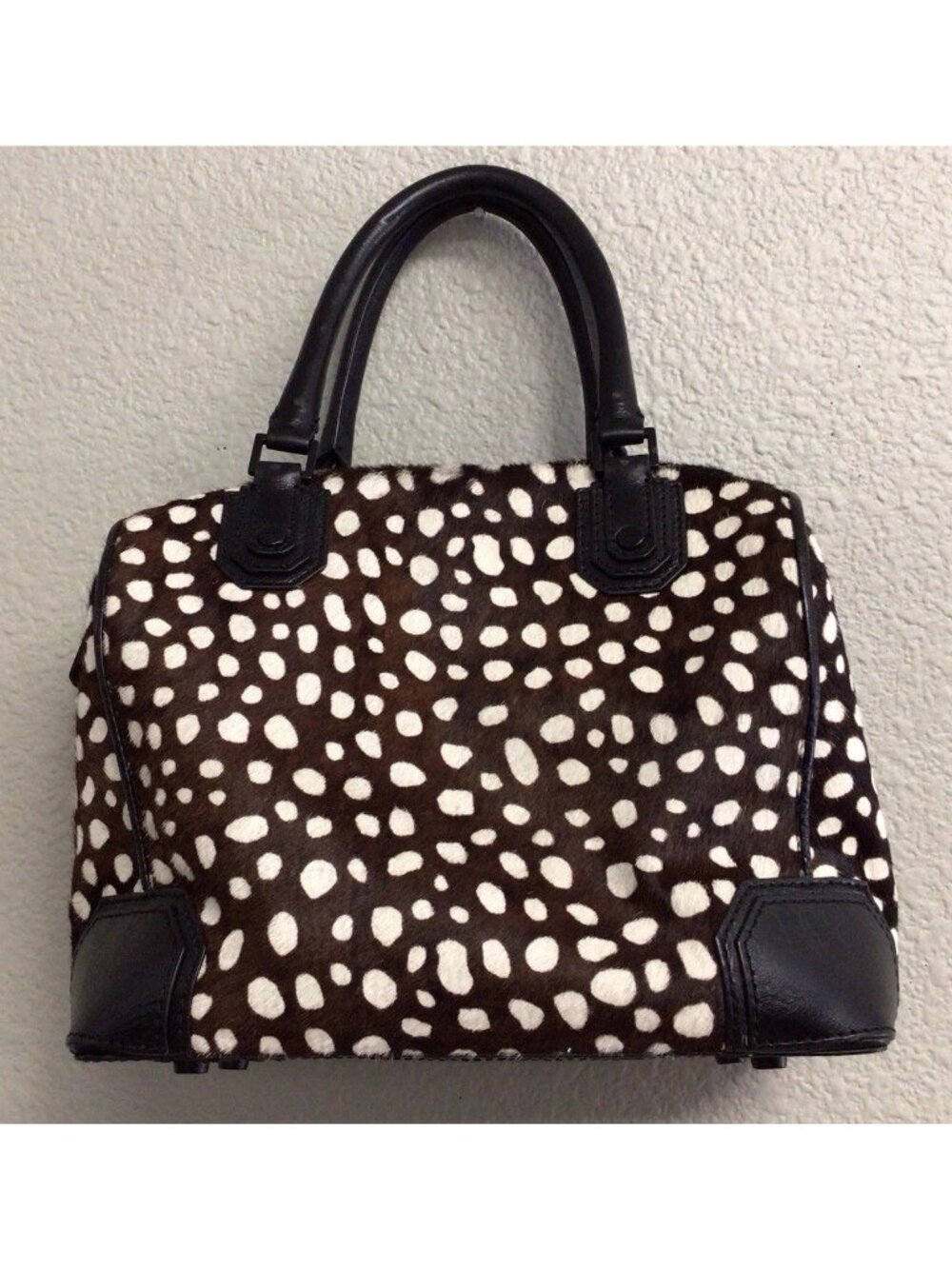 Alice + Olivia Satchel Purse Brown Spotted 100% Calf Hair Leather Handbag